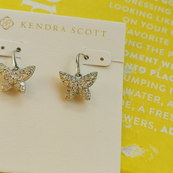 Kendra Scott Lillia Crystal Butterfly White Crystal Drop Earrings - Silver New - Picture 3 of 3